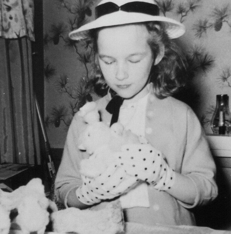 In Her Easter Bonnet 1950's Little Girl and Her Ducklings Snapshot Photo Free Shipping image 1