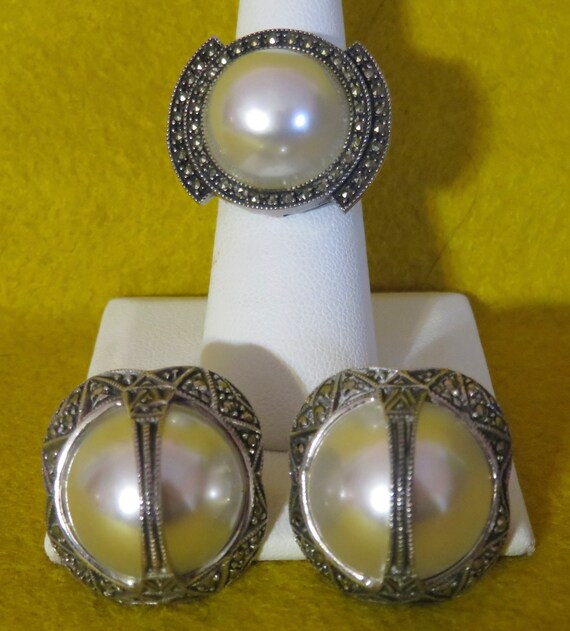 Awesome 1980's Marcasite With Faux Pearl Sterling… - image 9