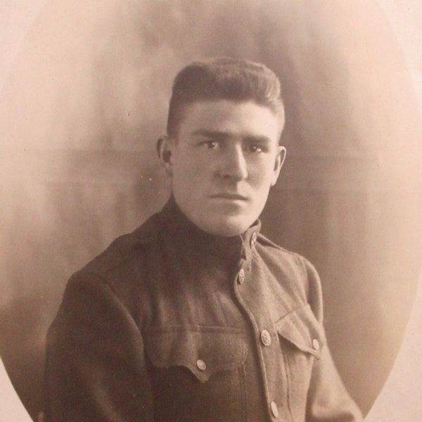 Doughboy In France - 1910's WW1 Era Handsome US Army Soldier RPPC Real Photo Postcard