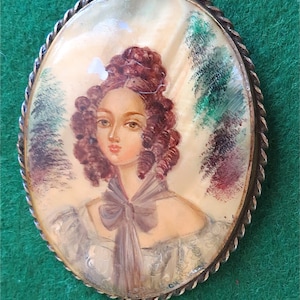 Russian Hand Painted Portrait Miniature Fedoskino Brooch Pin - Portrait of a Lady, Silver Pin with Mother of Pearl - Free Shipping