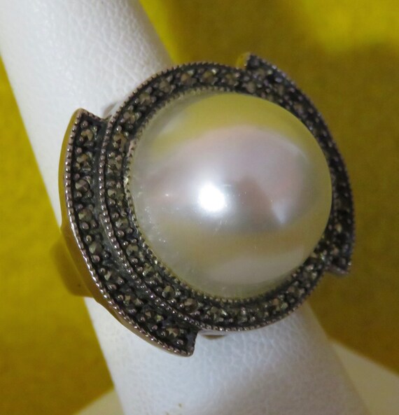 Awesome 1980's Marcasite With Faux Pearl Sterling… - image 8