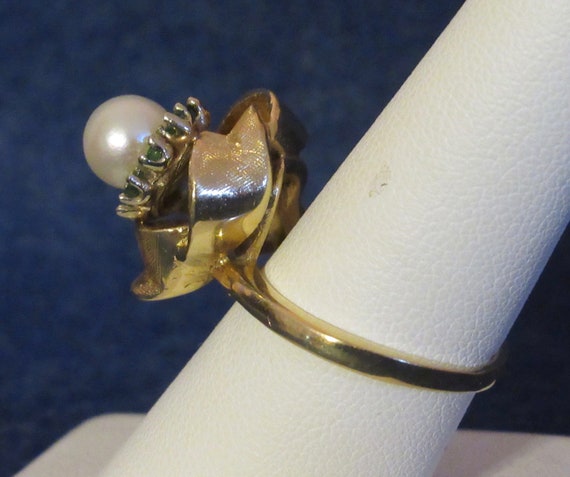 Exquisite Heavy 1950's Emerald & Pearl 14 Kt Yell… - image 10