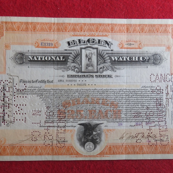 1921 Elgin National Watch Company Employee's Stock Certificate