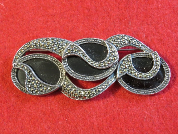 Retro 1980's Marcasite Black Cabochon Sterling Si… - image 2