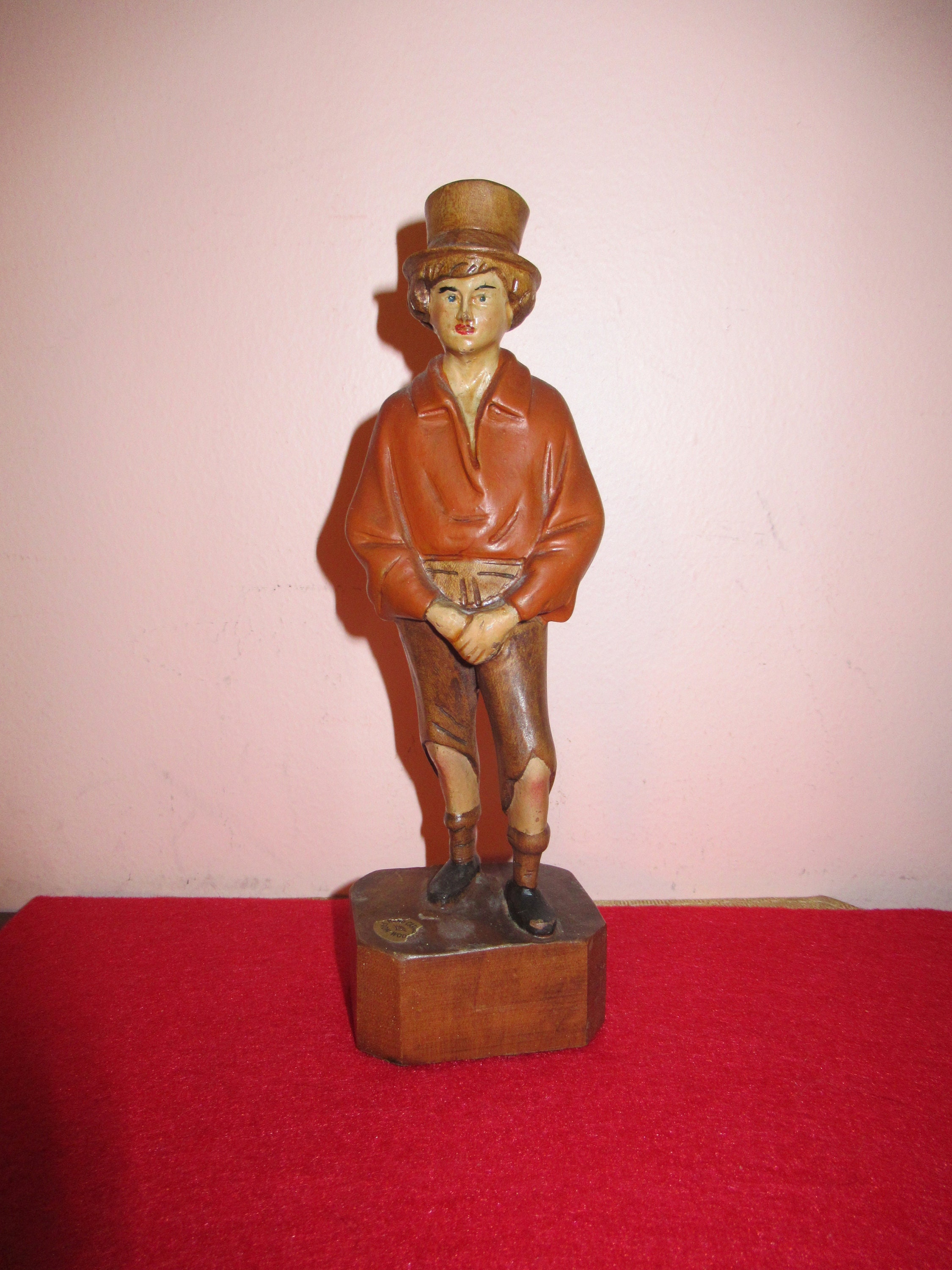 Vintage 1950's Hand Carved Wood Man in Top Hat Folk Art