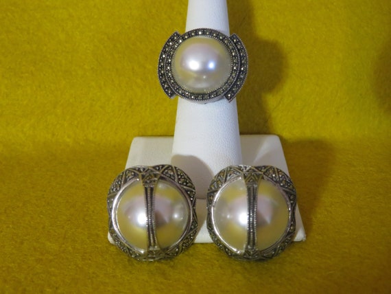 Awesome 1980's Marcasite With Faux Pearl Sterling… - image 1