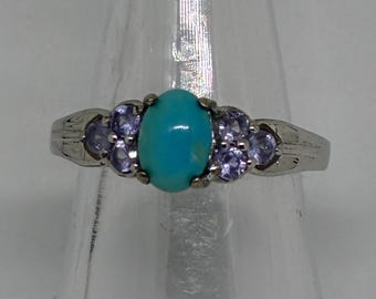 Vintage 925 Sterling Silver Oval Turquoise Accent Round Tanzanite Ring Sz 5
