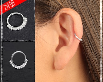 Helix Piercing Sterling Silver Cartilage Earring Premium Small Helix Ring Tiny Hoop Jewelry With Balls Daith Earring Trendy Ring For Her