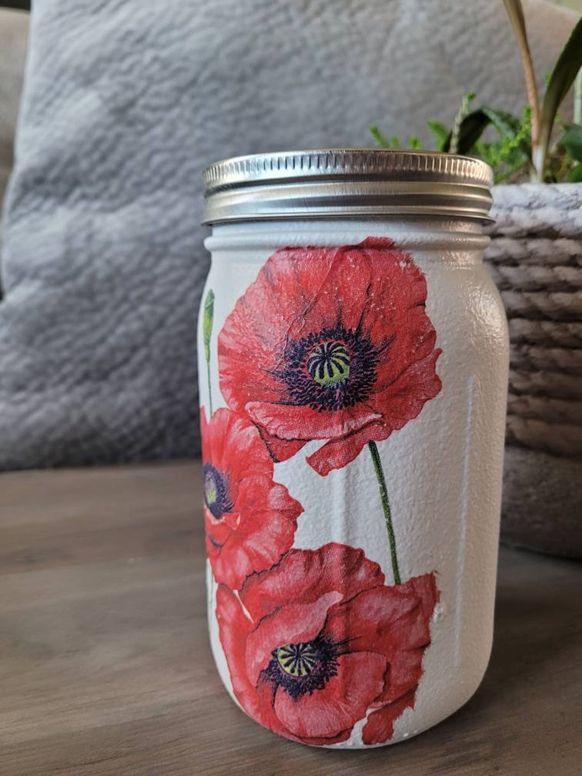 Hand painted decoupage Mason Jar. Coin Jar Vase. Fits Etsy