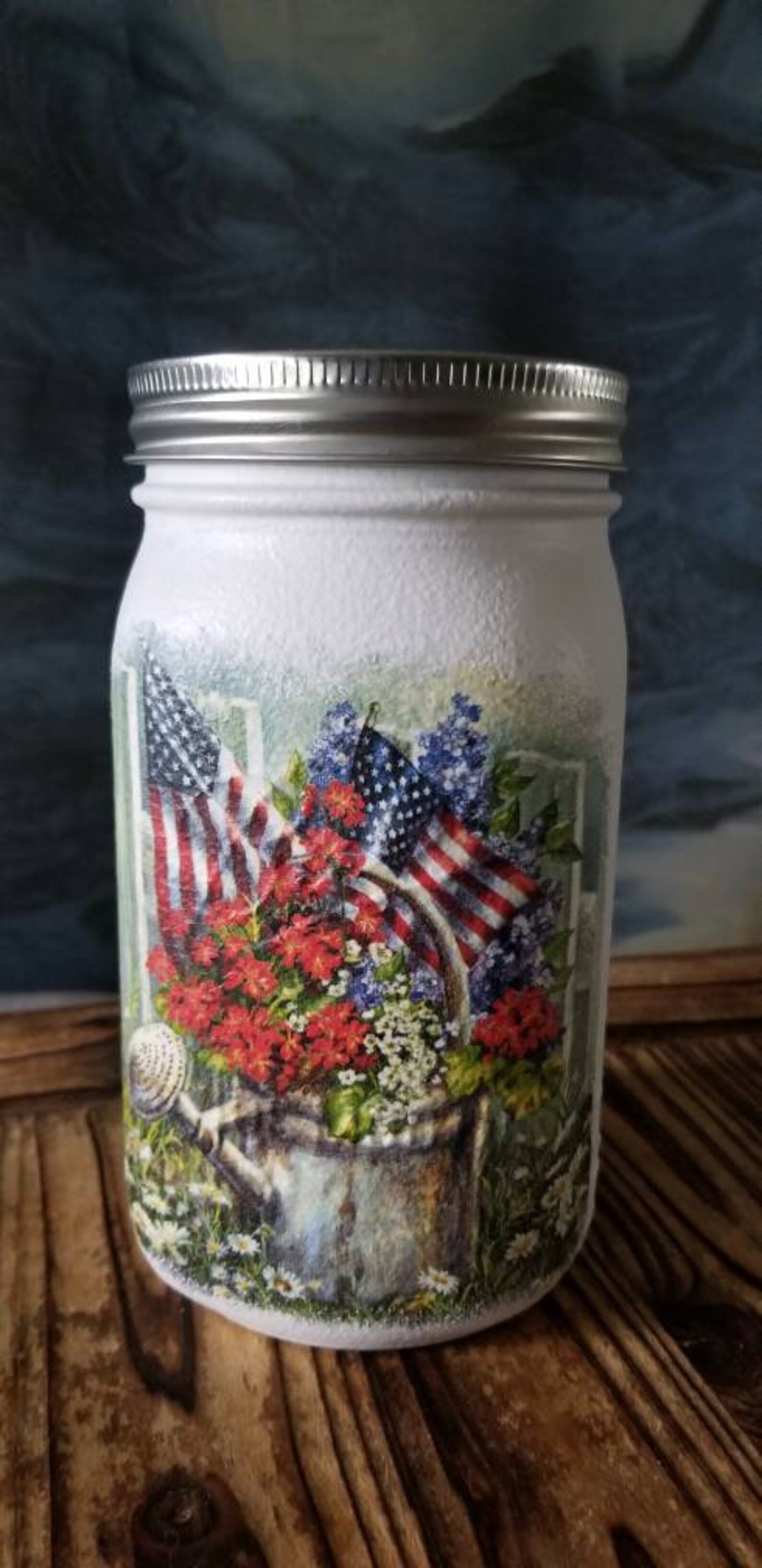 Hand painted decoupage Mason Jar. Flowers. Coin Jar Vase. Etsy