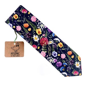 Men's Dark Navy Wild Flower Floral Neck Tie; Available as Skinny Tie, Slim Tie or Standard Tie