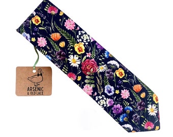 Men's Dark Navy Wild Flower Floral Neck Tie; Available as Skinny Tie, Slim Tie or Standard Tie