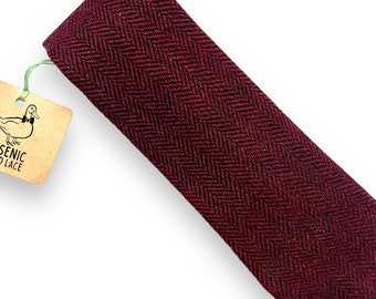 Men's Dark Berry Red Wool, Tweed, Herrigbone Neck Tie; Available as Skinny Tie/Slim Tie or Standard Tie