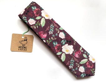 Men's Floral Cotton Necktie: Burgundy, Red Wine, and Blush