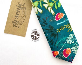 Men's Jade Green and Pink Floral Neck Tie; Available as Skinny/Slim Tie or Standard Tie