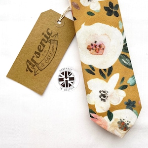 Men's Mustard Yellow, Ochre Watercolour Floral Neck Tie; Available as Skinny/Slim Tie or Standard Tie