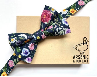 Men's Dark Navy Wild Flower Floral Bow Tie - available as traditional self-tie or pre-tied. Also available for women, boys or toddlers