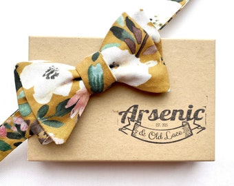 Men's Mustard, Ochre, Watercolour Floral Bow Tie - available as traditional self-tie or pre-tied. Also available for women, boys, toddlers