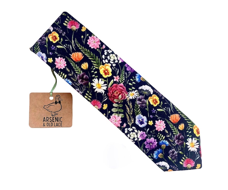 Men's Dark Navy Wild Flower Floral Neck Tie Available as Skinny Tie, Slim Tie or Standard Tie image 1