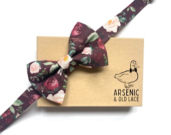 Men's Maroon, Burgundy and Blush Floral Bow Tie - available as traditional self-tie or pre-tied. Also available for women and boys