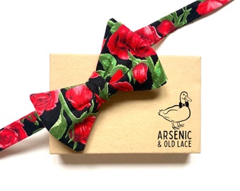 Men's Red Rose and Black Floral Bow Tie - available as traditional self-tie or pre-tied. Also available for women and boys