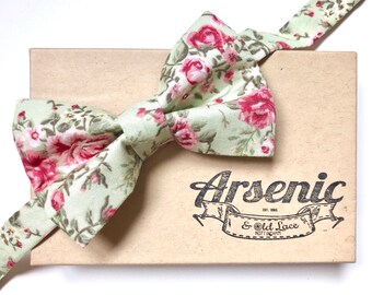 Men's Mint Green and Pink Floral Bow Tie - available as traditional self-tie or pre-tied. Also available for women, boys, toddlers or babies