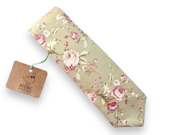 Men's Sage Green and Pink Floral Neck Tie; Available as Skinny/Slim Tie or Standard Tie