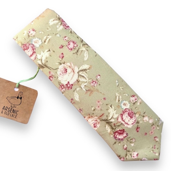 Sage Green Floral Men's Necktie: Handmade Cotton Slim/Standard Tie