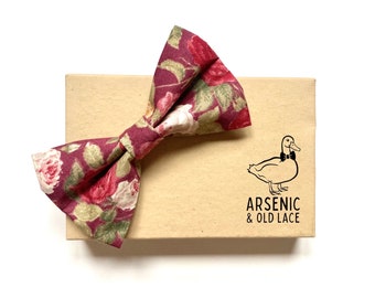 Men's Maroon, Burgundy and Blush Floral Bow Tie - available as traditional self-tie or pre-tied. Also available for women and boys