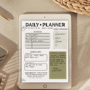May include: A digital daily planner on a tablet, featuring sections for scheduling, intentions, and notes. Text includes "Daily Planner," "Schedule," and "Today's Intentions." The tablet is on a neutral surface.