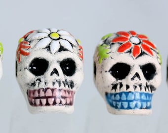 Halloween Ceramic Sugar Skull Beads: Engraved Flower Design