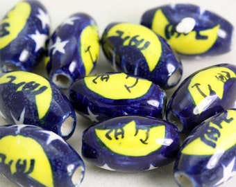 10 x beads BLUE STAR and MOON Design ceramic beads.  V048 Hand Painted. Ideal for Hair, Jewellery & all crafts