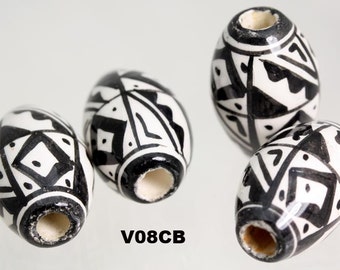 Black -White 10 x GEO  OVAL Design ceramic beads.  Hand Painted. Ideal for Hair,Jewellery & all crafts  V08 CB