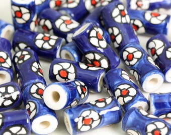 Blue flower Design ceramic 10X Beads  Hand Painted. Ideal for Hair, Jewellery & all crafts V05 CB