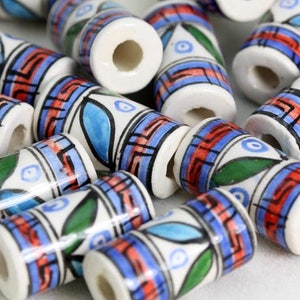 Hand Painted Ceramic Tube Beads: Geometric Design, Andes Peru (x10) V026