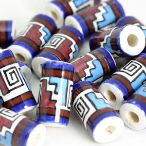 Hand-Painted Peruvian Ceramic Tube Beads: Geometric Design, Ideal for Hair and crafts V018