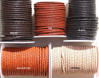 Genuine Rounded BRAIDED Leather cord.  Soft ,smooth and strong. 3MM    Choose length