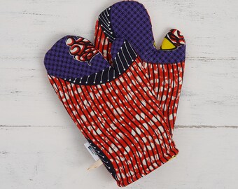 Guante de cocina estampado, ácaros del horno de tela africana, regalo de cocina de los porta ollas para ella, impresión hecha a mano abstracta, geometría naranja púrpura