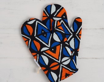 Patterned kitchen glove, african fabric oven mits, potholders cooking gift for her, handmade print abstract geometric, orange blue balogan