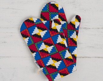 Patterned kitchen glove, african fabric oven mits, potholders cooking gift for her, handmade print abstract geometric, orange and pink kente