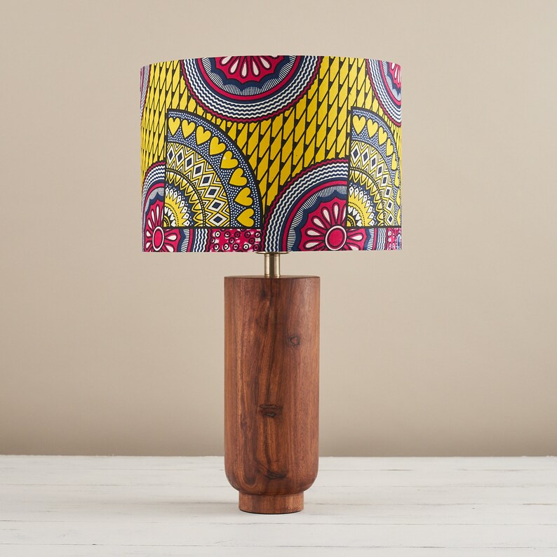 Etsy DESIGN AWARDS ENTRY, African wax print drum lampshade, geometric pattern, boho decor lamp shade, table lamp pink yellow sunshine 