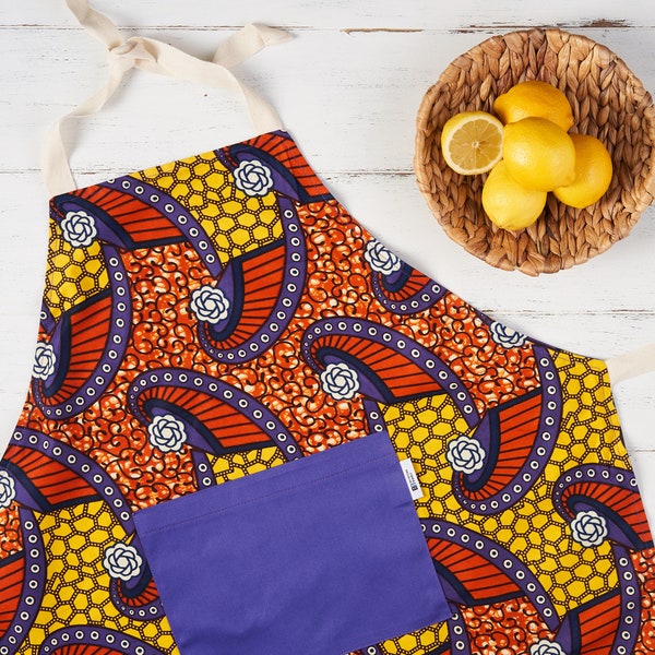 Apron, Aprons, printed apron, cotton, African print apron, kitchen apron, African fabric apron, womens and mens apron, purple rosette