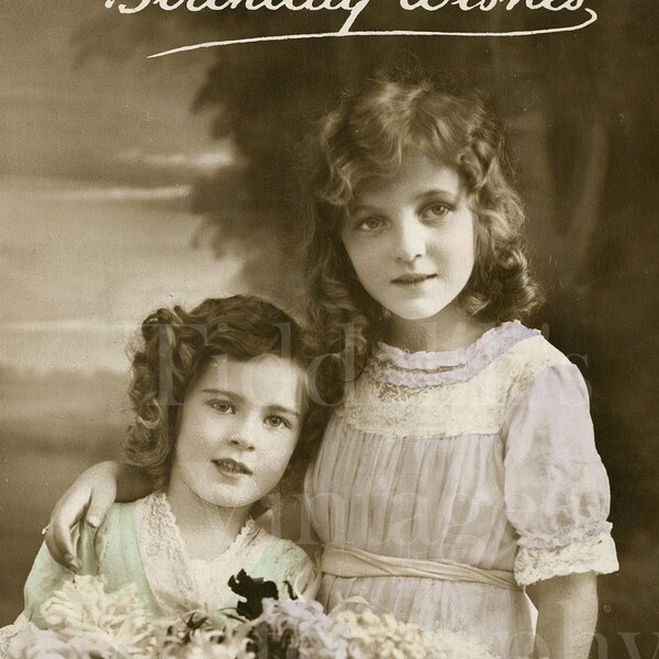 2 Cute Little Girls, Flowers ~ Birthday Wishes ~ Wiltd & Kray, London, Hand Tinted ~ Vintage Edwardian Antique 1900s Postcard ~ Used
