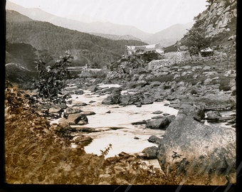 Antique Magic Lantern Glass Slide ~ Mountains, Cottage, River, Wales? ~ Mountain Landscape ~ Vintage Projector Slide