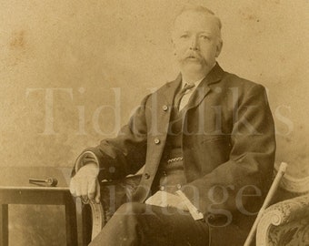 Cabinet Card Photo Victorian Mustached Man, Smart Suit and Long Cane Portrait - Edgar Salomon of Stoke Newington London - Antique Photograph