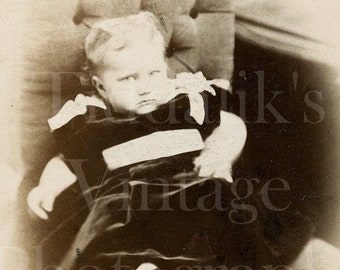 Victorian Baby, Sitting on Chair, Vignette Portrait ~ CDV Photo ~ W Bassett of Wolverhampton ~ 1860s Antique Carte de Visite