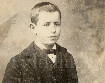 Victorian Smart Boy, Small Bow Tie, Standing Portrait ~ CDV Photo ~ A D Norman & Co. of Brighton ~ 1870s Antique Carte de Visite Photograph