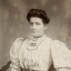 ヴィクトリア朝時代の女性、ふくらんだ袖、座った肖像画 ~ CDV 写真 ~ ノッティング ヒル ゲートのジオ フーパー ~ 1880 年代のアンティーク カルト ド ヴィジット写真
