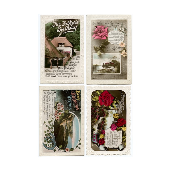 4 Vintage Birthday Greetings Postcards ~ Floral, Landscapes, Scenic & Buildings ~ Antique Early 1900s, Embosed Borders ~ Used