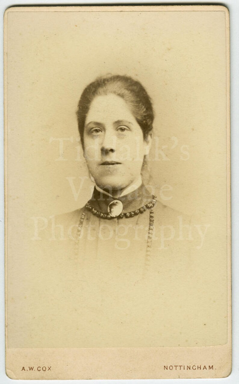 CDV Carte de Visite Photo Victorian Young Pretty Girl A W Cox of Nottingham England Hair Up Big Neck Brooch Portrait Antique Photo